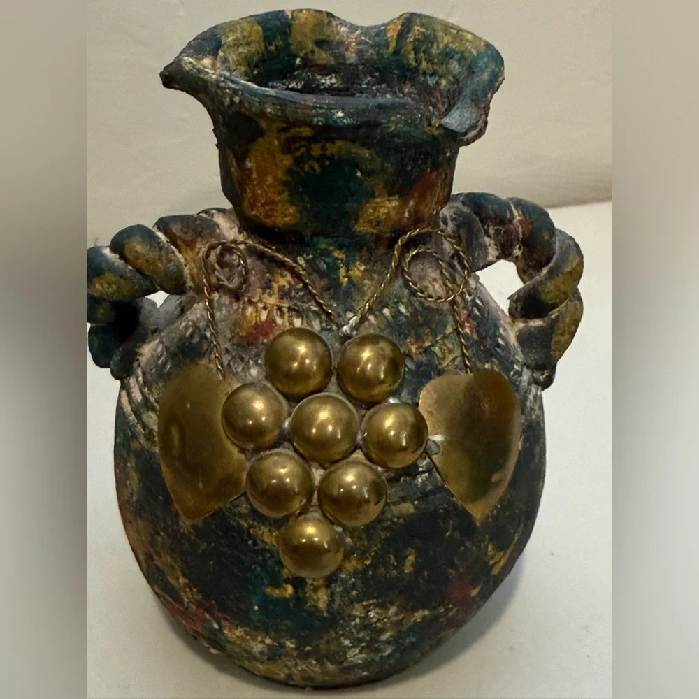 Pottery Vintage Vase Brass and Copper Accents Loop‎ Handles Primitive Folk Art